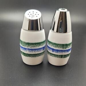 Vintage Gemco 70s Salt Pepper Shakers Stripe Chrome Top Retro Kitchen MCM